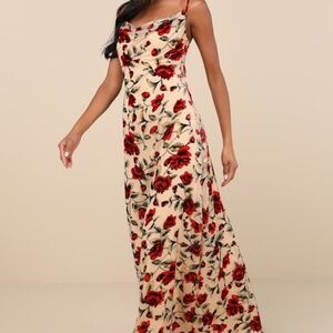Lulus Romance In The Making Beige Floral Print Velvet Maxi Dress - Size M